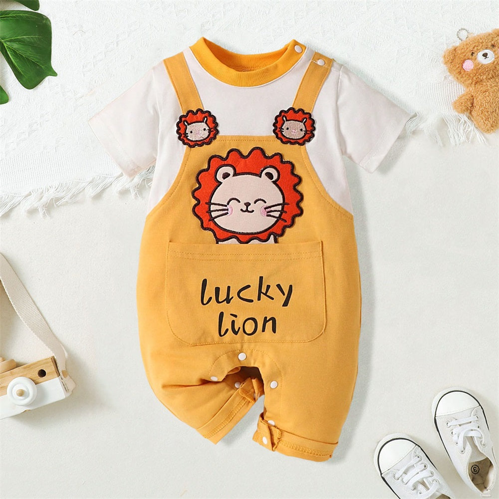 Casual Lucky Lion Letter Print Long Sleeve Baby Jumpsuit