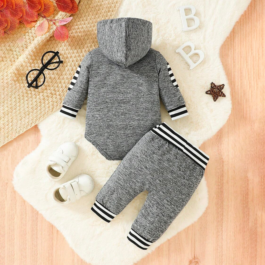 2PCS Ain't No Mama Letter Stripe Printed Hooded Long Sleeve Baby Set