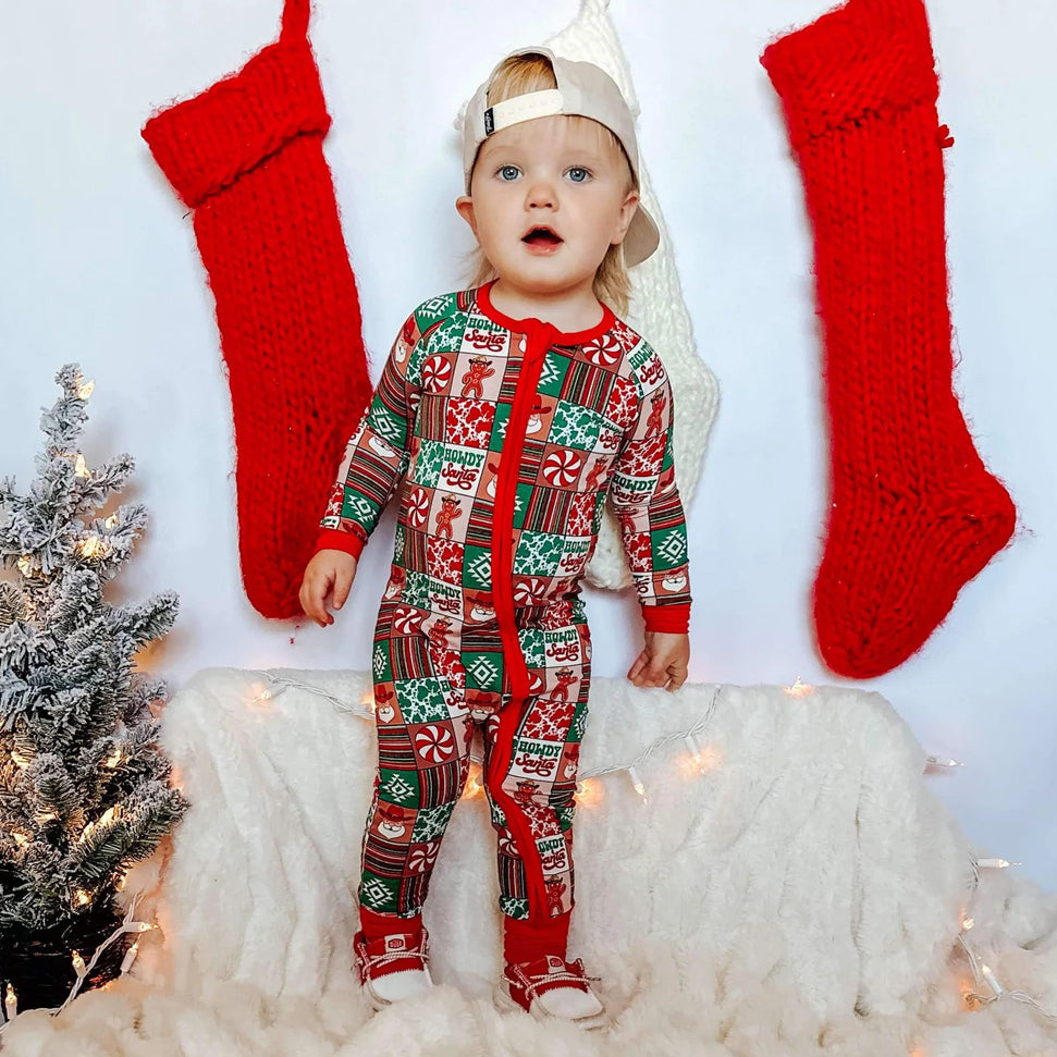 Howdy Santa Printed Long Sleeve Zipper Baby Jumpsuit