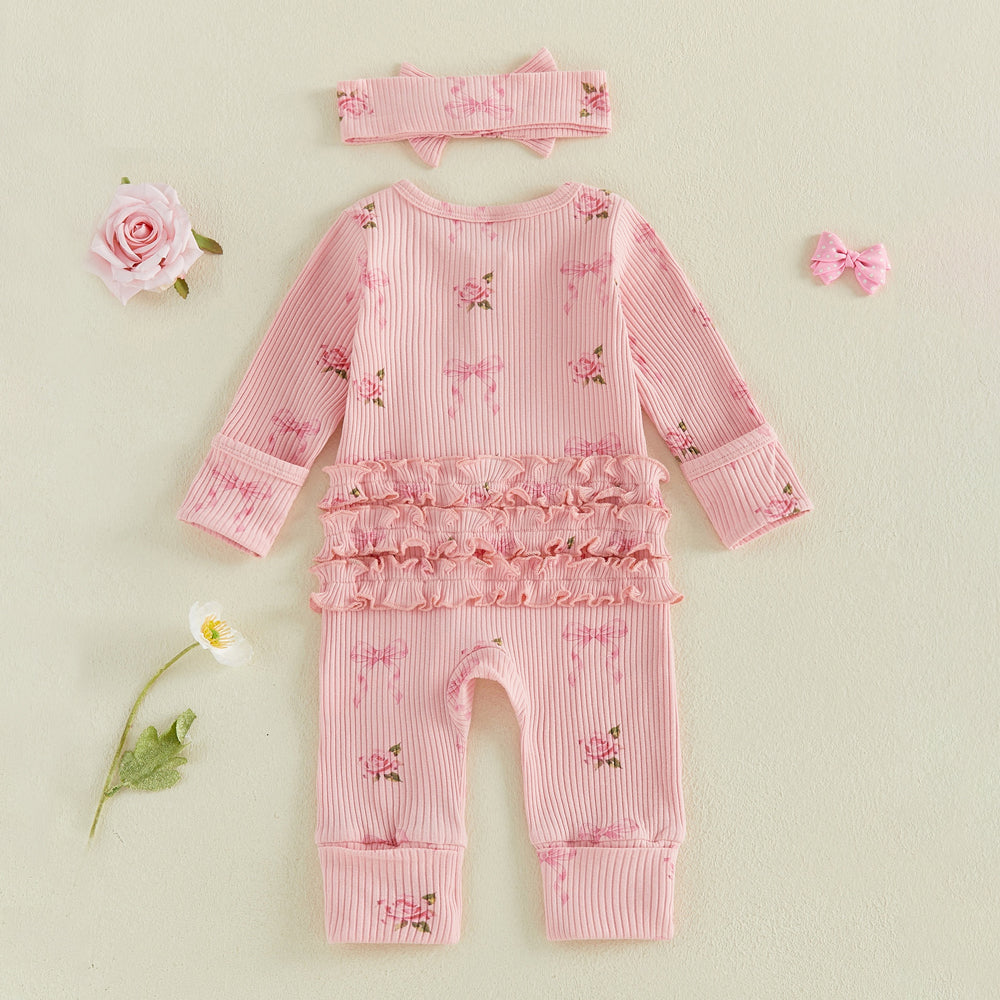 2PCS Comfy Bow Floral Printed Ruffle Zipper Long Sleeve Baby Jumpsuit