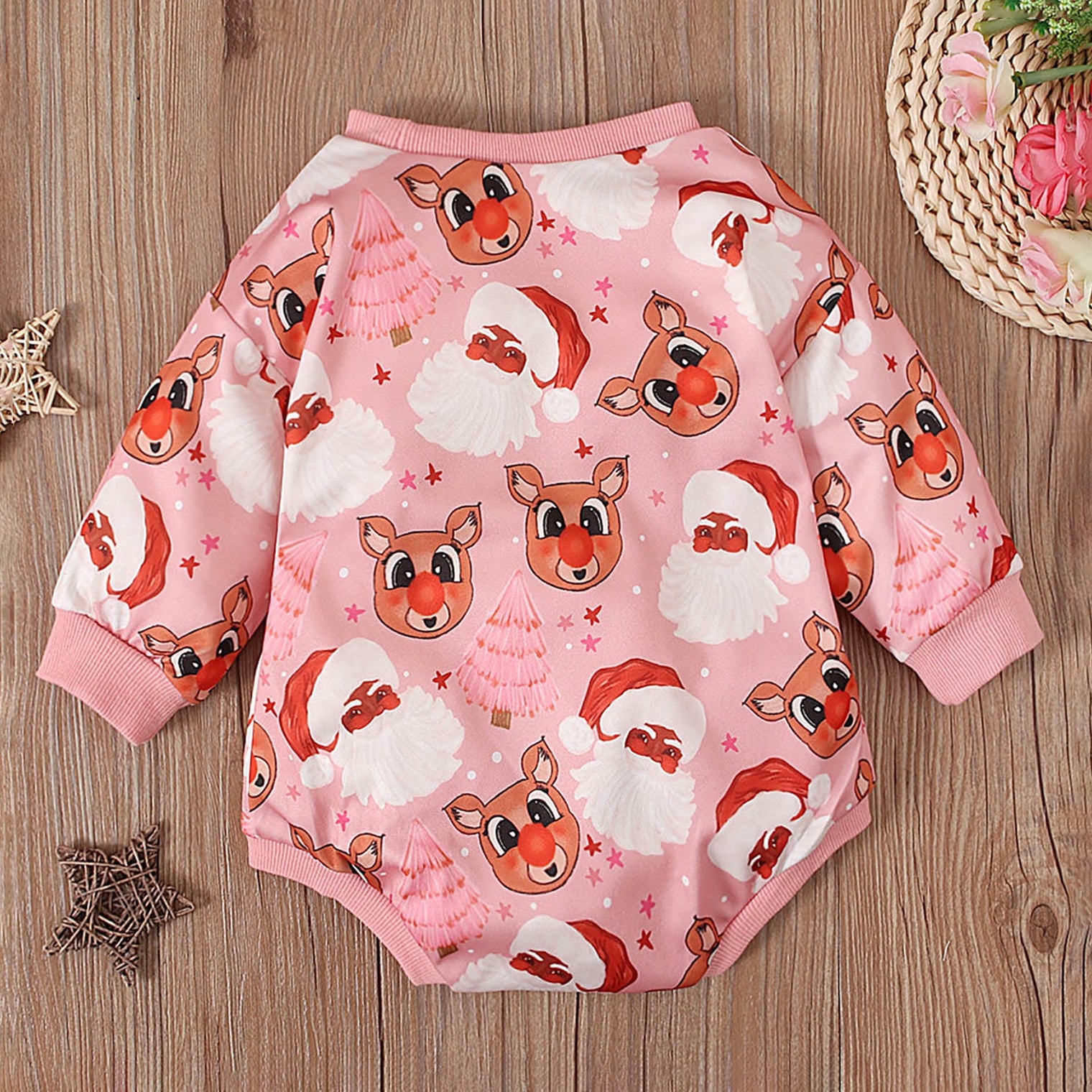 Santa Claus and Elk Printed Long Sleeve Baby Romper