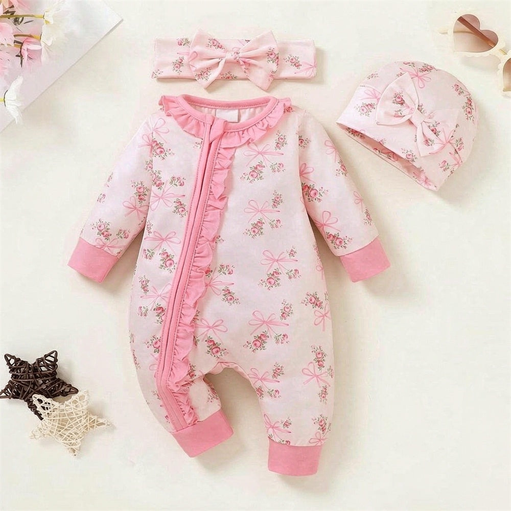 3PCS Delightful Bow Floral Printed Ruffle Zipper Long Sleeve Baby Jumpsuit