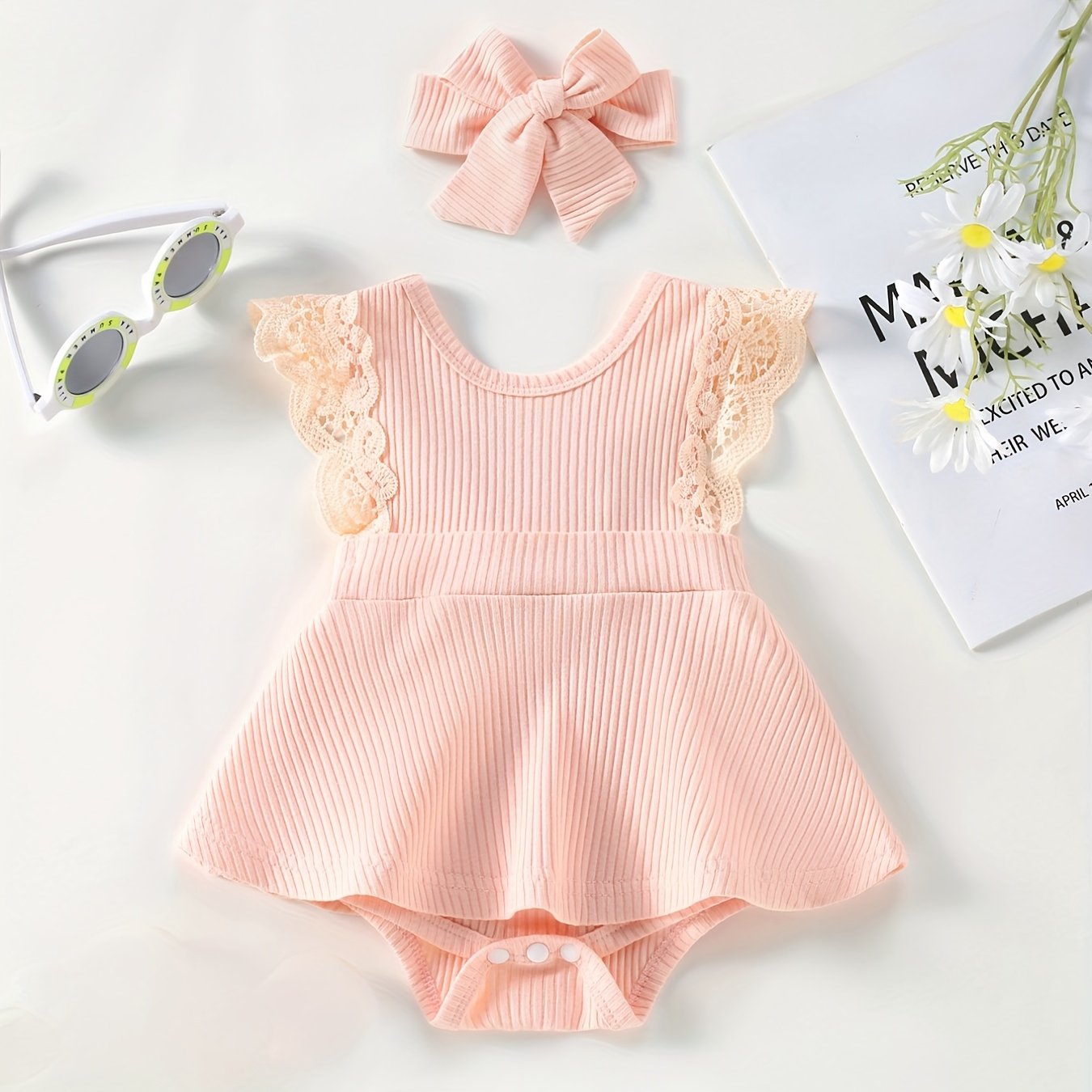2PCS Solid Color Lace Decoration Sleeveless Baby Romper