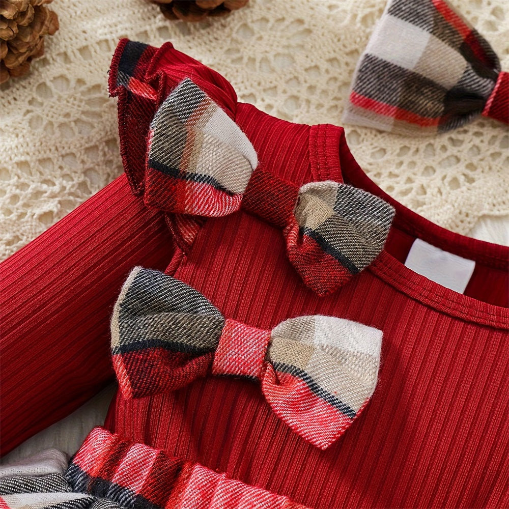 2PCS Casual Plaid Print Bow Decoration Long Sleeve Baby Romper
