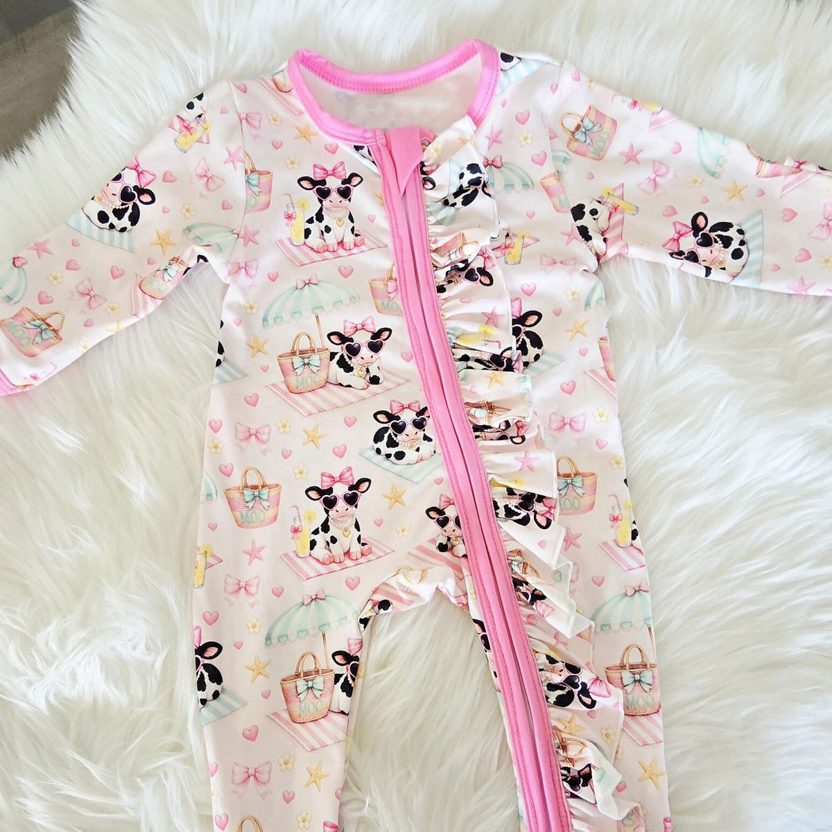 2PCS Cute Cow Printed Ruffle Zipper Long Sleeve Baby Jumpsuit