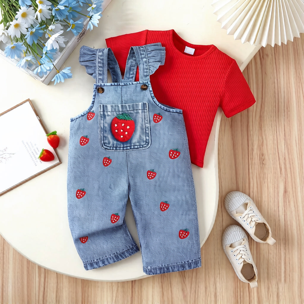 2PCS Cute Strawberry Print Denim Short Sleeve Overalls Baby Set