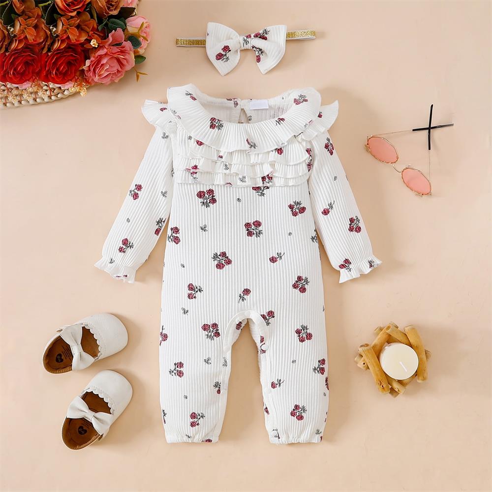 2PCS Rose Print Ruffle Long Sleeves Baby Jumpsuit