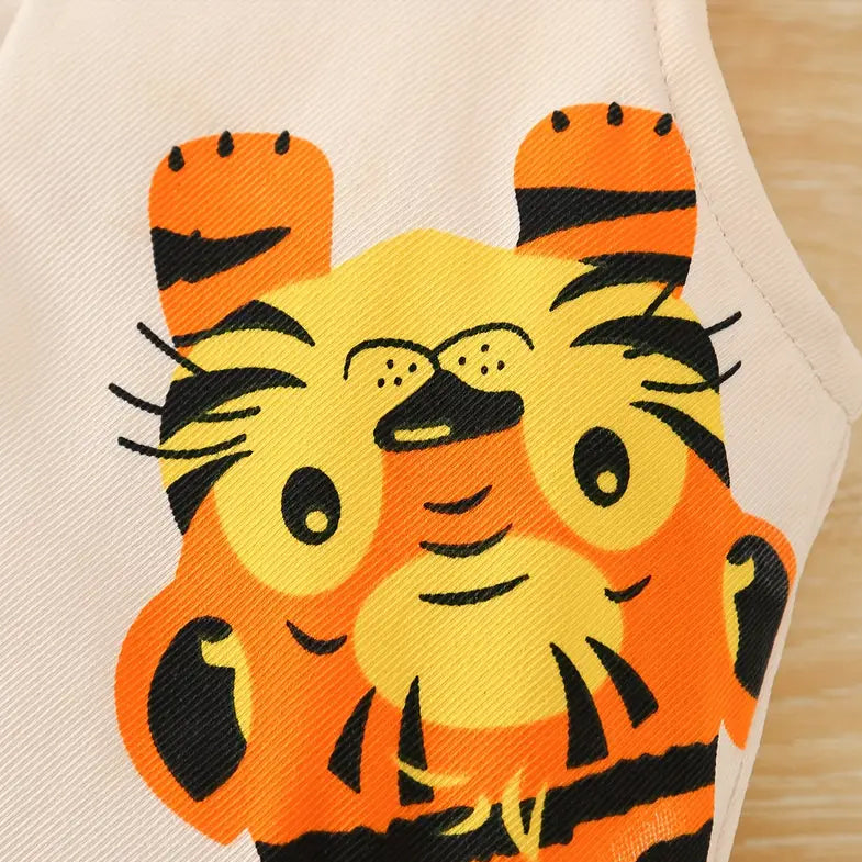 2PCS Adorable Stripe Tiger Printed Short Sleeve Baby Overalls Set