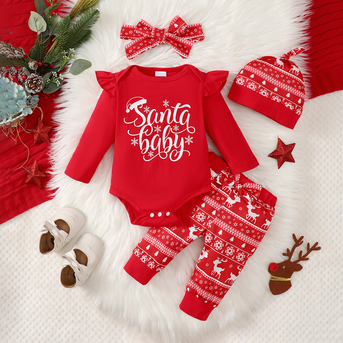 4PCS Santa Baby Letter Printed Long Sleeve Baby Set