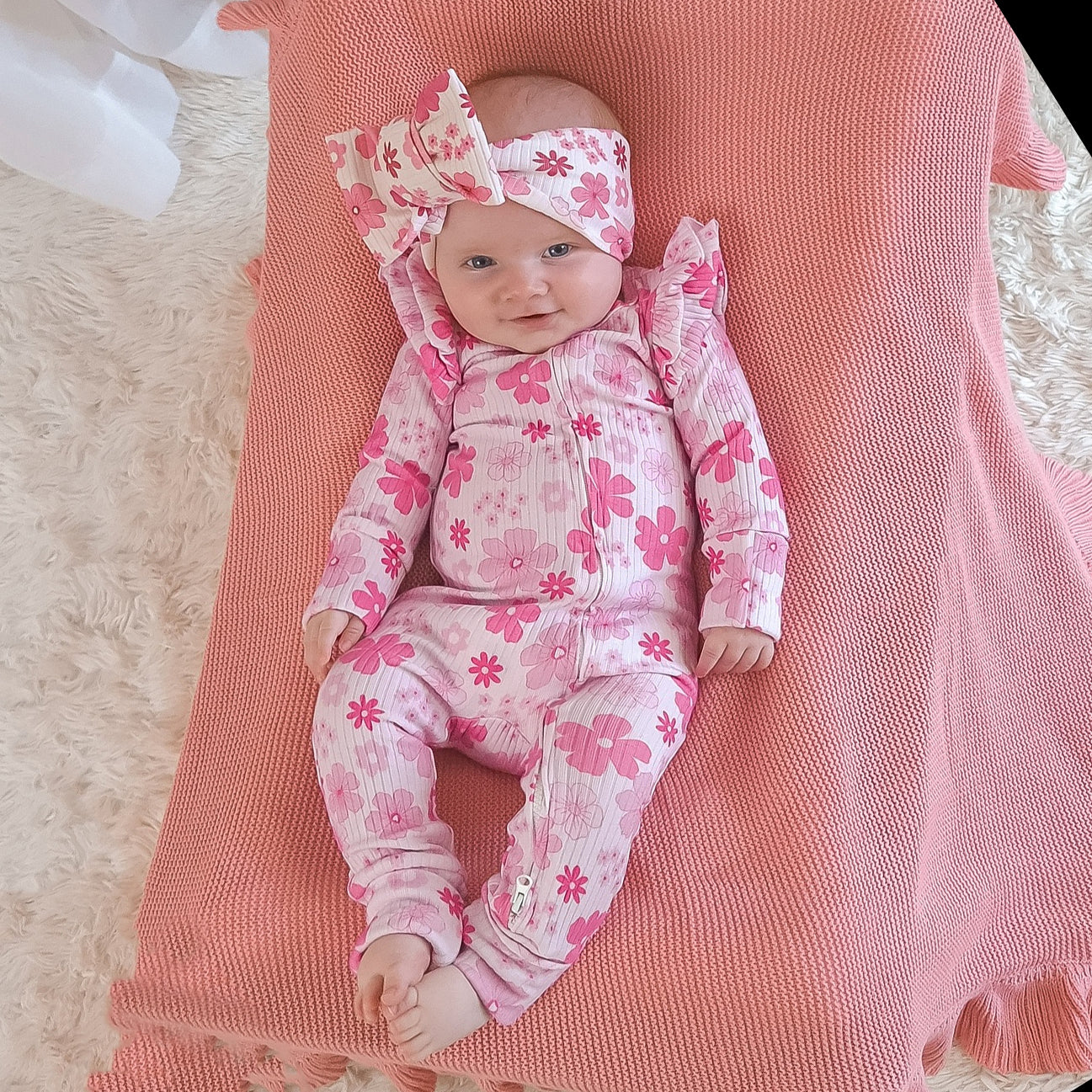 2PCS Allover Floral Printed Ruffle Zipper Baby Jumpsuit