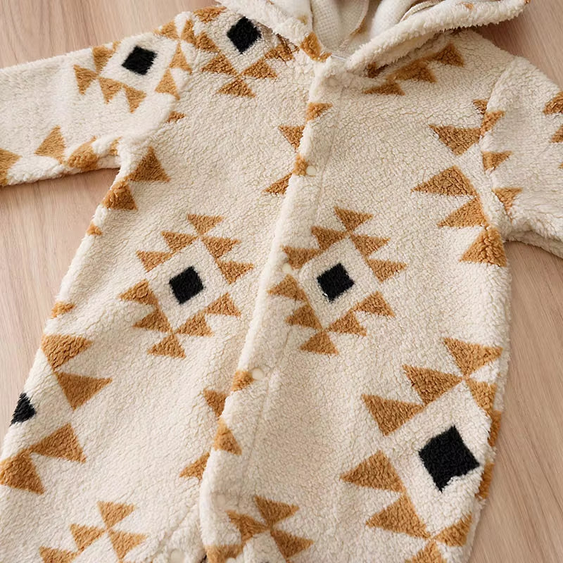 Warm Plush Long Sleeve Hooded Baby Jumpsuit