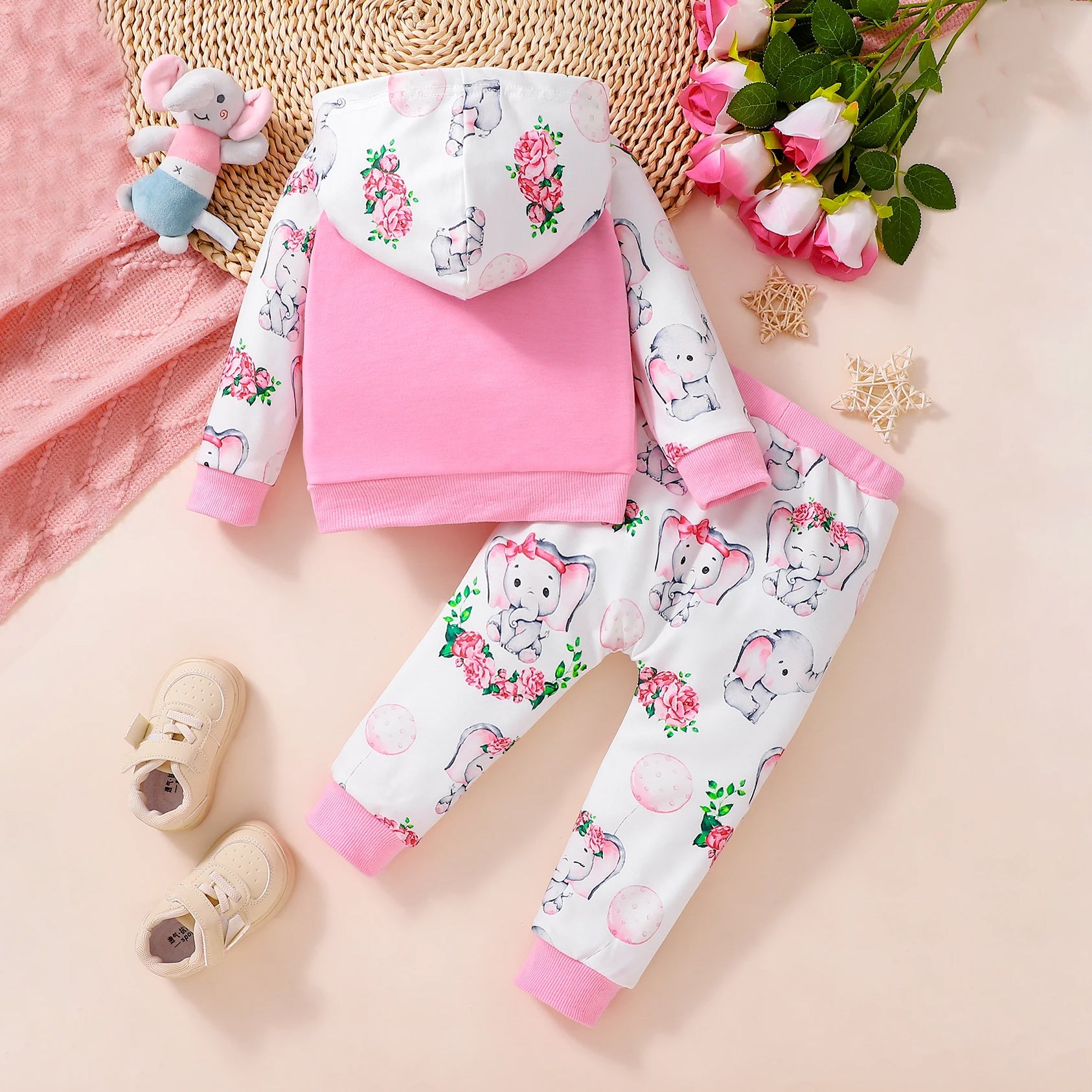 2PCS Elephant Floral Printed Hooded Long Sleeve Baby Set