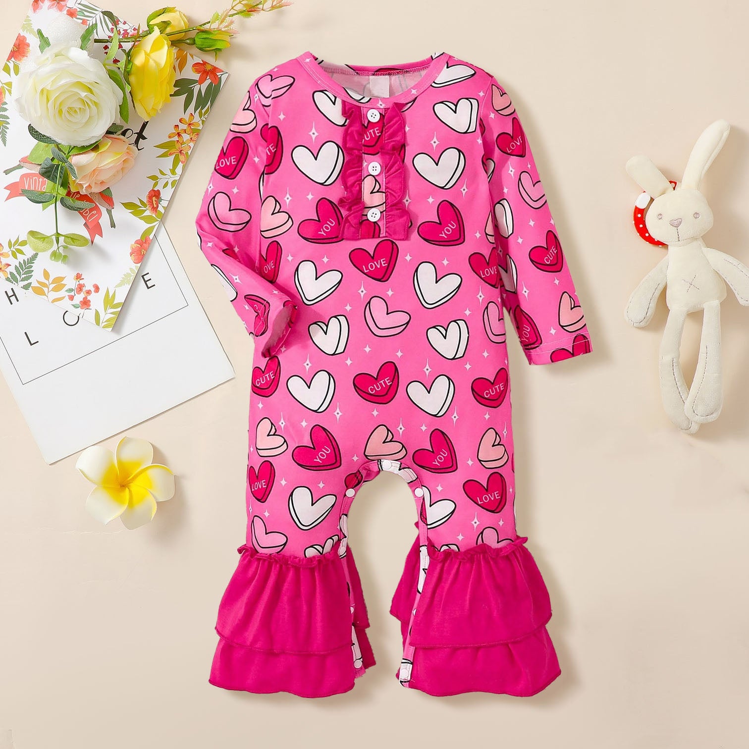Casual Heart Printed Long Sleeve Baby Girl Jumpsuit