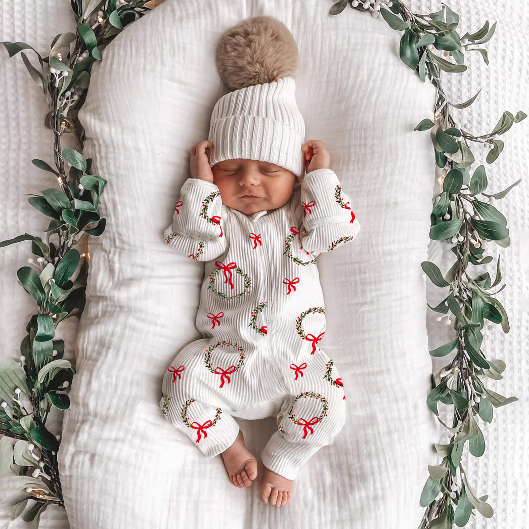 Christmas Bowknot Printed Zipper Long Sleeve Baby Jumpsuit