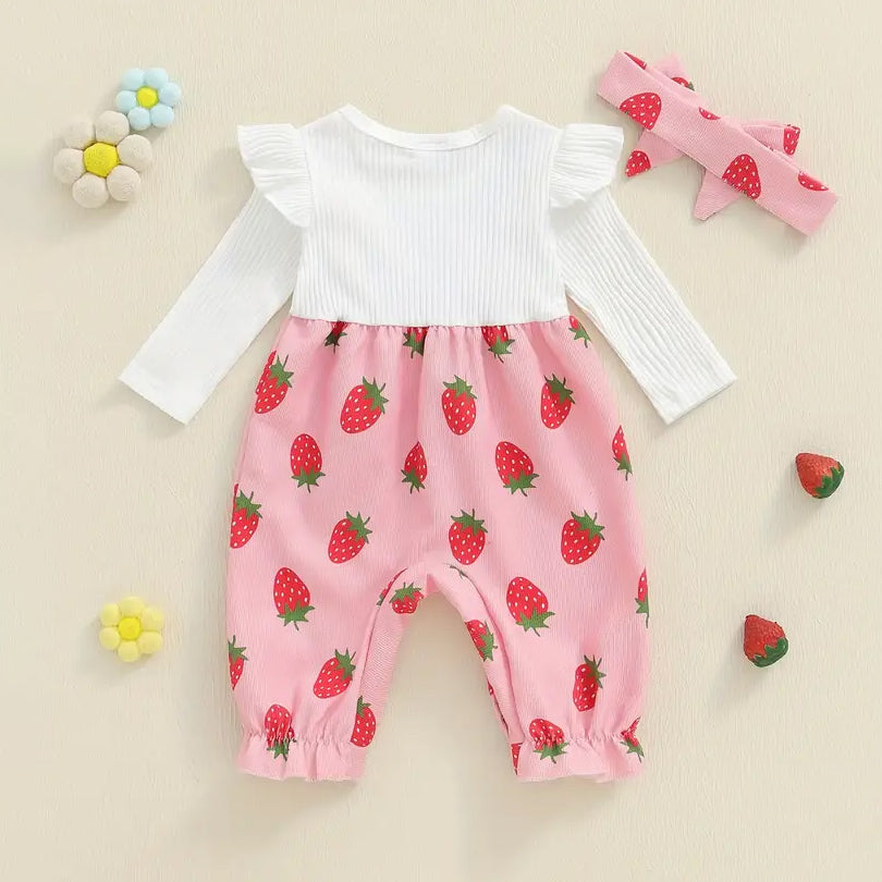 2PCS Sweet Strawberry Printed Ruffled Long Sleeve Baby Jumpsuit