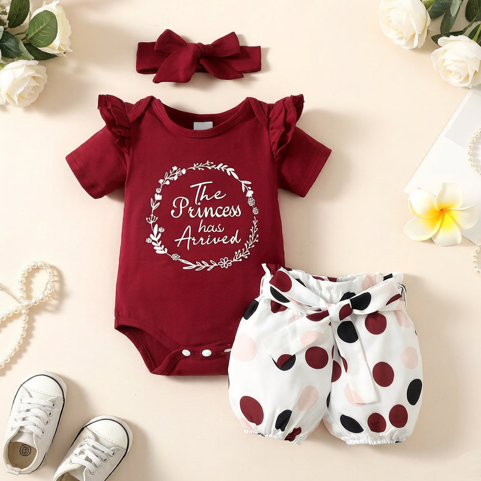 3PCS The Princess Has Arrived Letter Polka Dots Print Baby Set