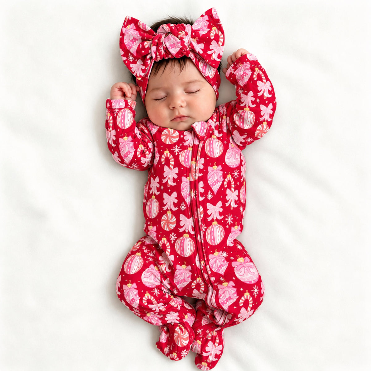 2PCS Lovely Christmas Print Zipper Long Sleeve Baby Girl Jumpsuit