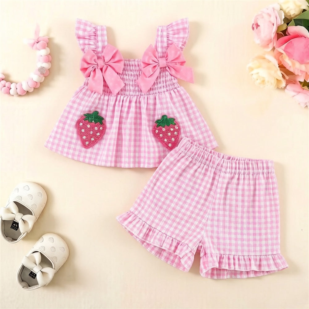 2PCS Summer Strawberry Embroidery Plaid Fly Sleeve Baby Set