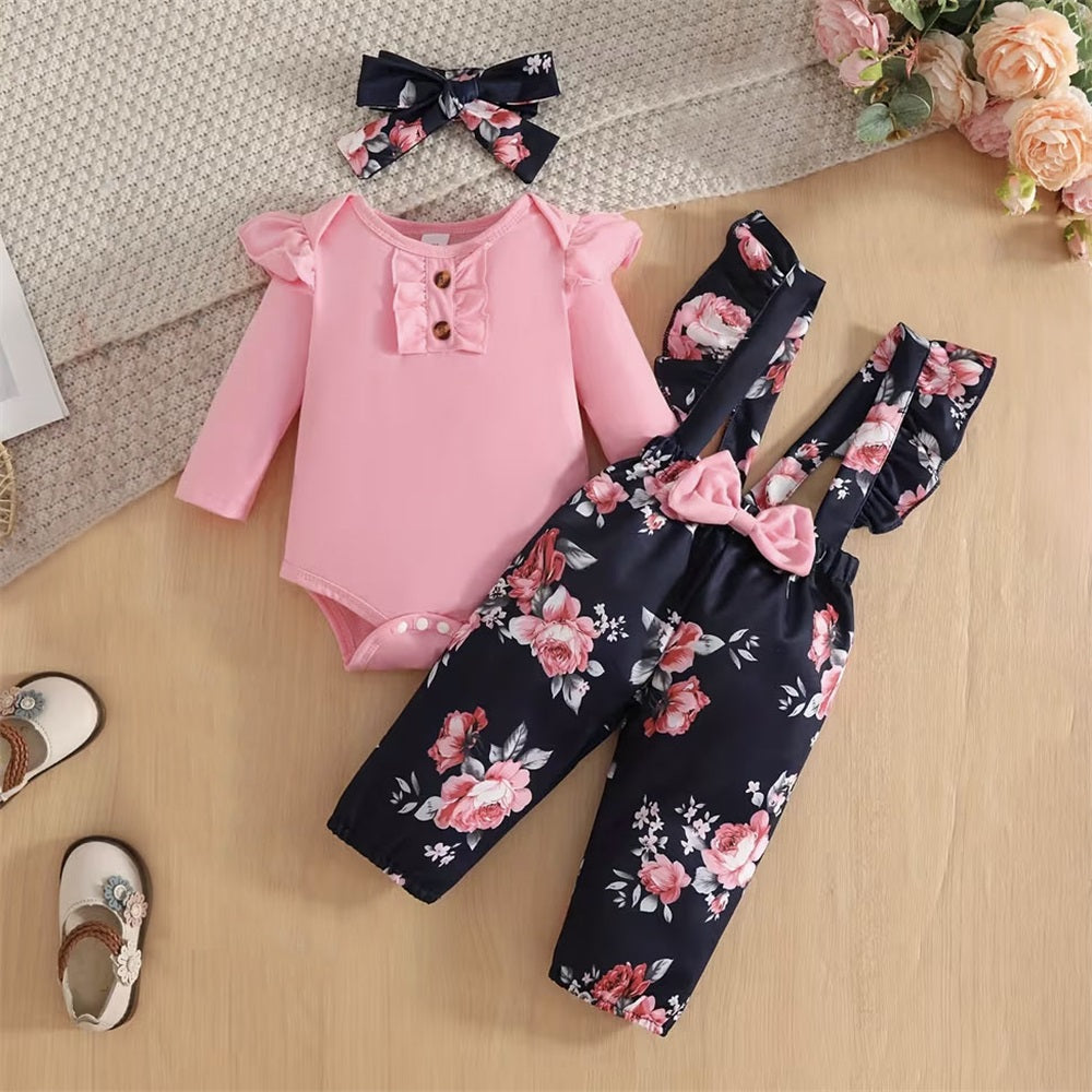 3PCS Floral Print Bow Decorate Long Sleeve Baby Overalls Set