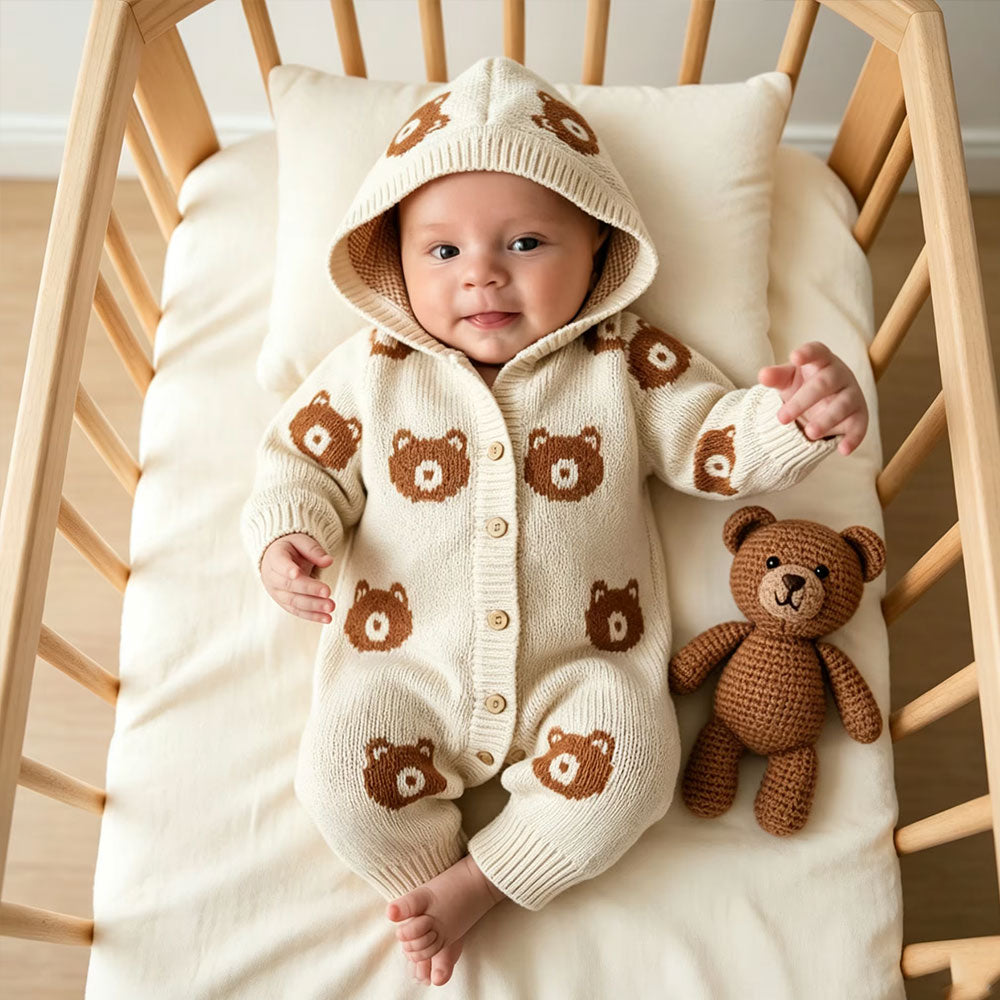 Cozy Bear Printed Hoodie Long Sleeve Knit Baby Jumpsuit