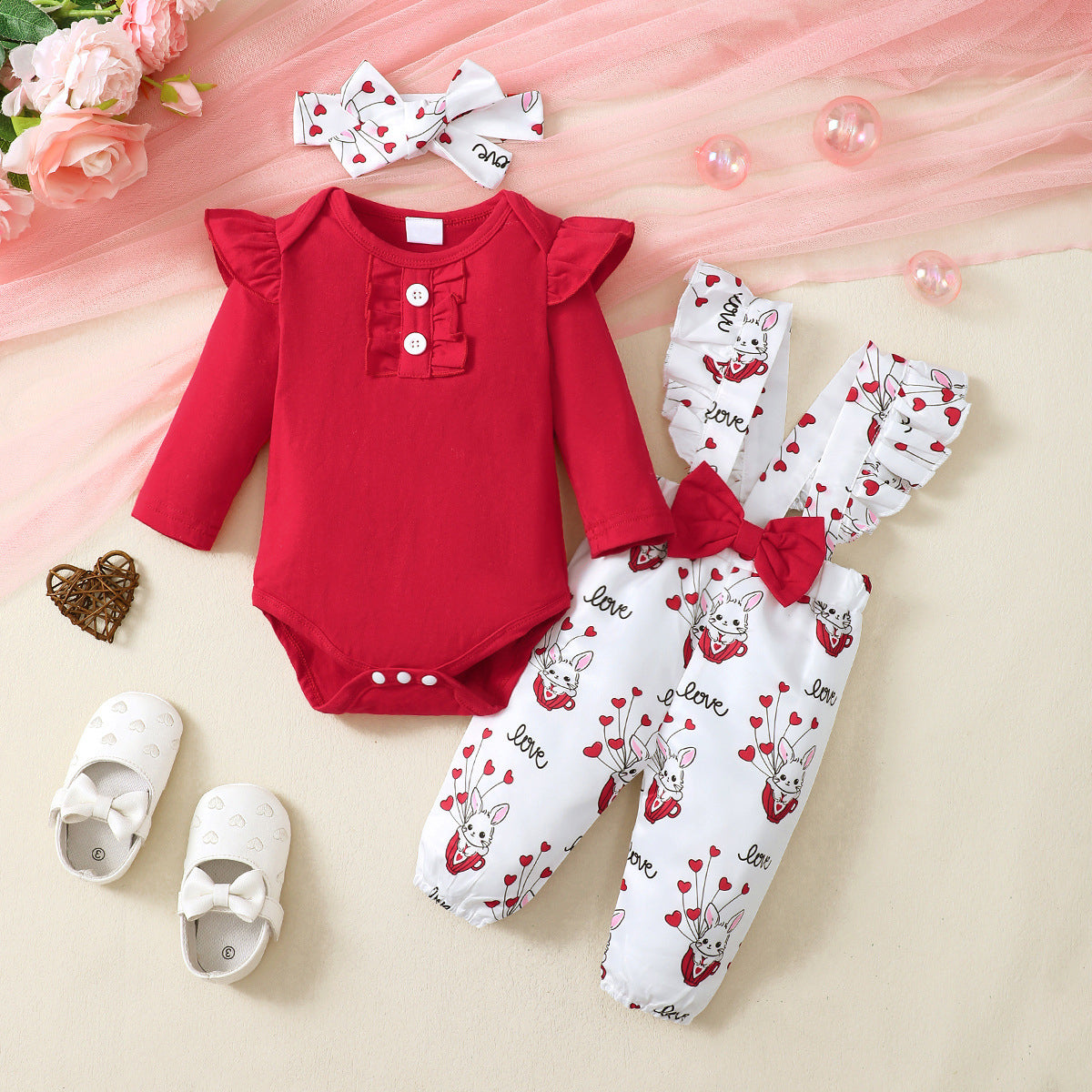 3PCS Cute Bunny Printed Long Sleeve Baby Girl Overalls Set