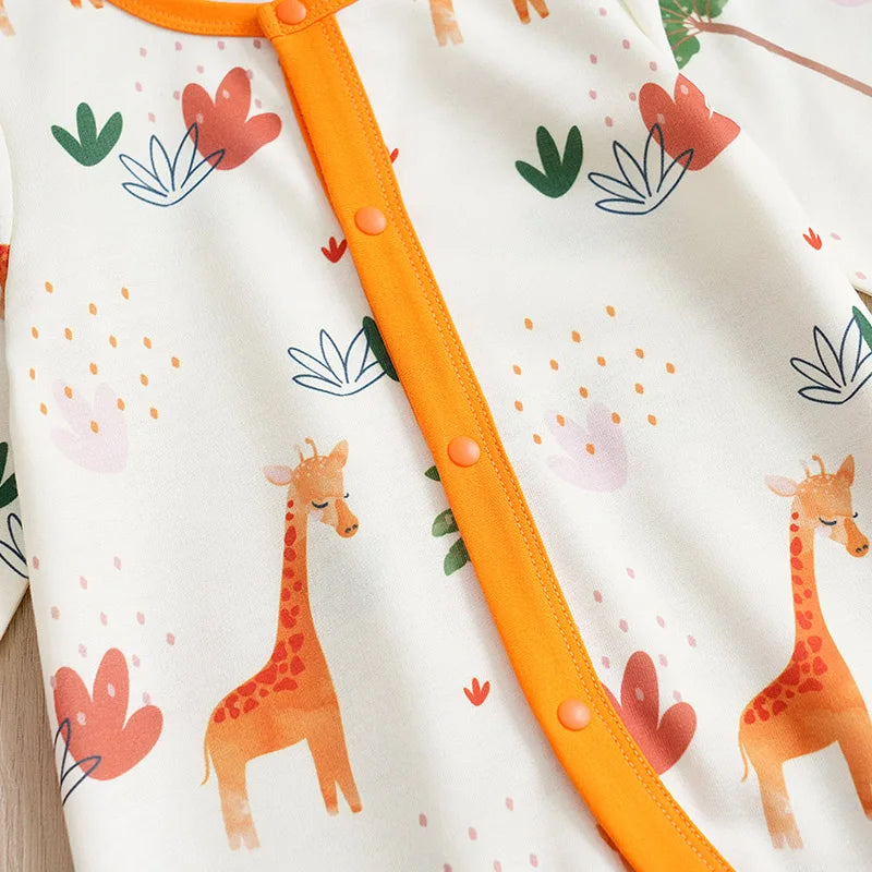 Stylish Cartoon Giraffe Printed Long Sleeve Baby Jumpsuit