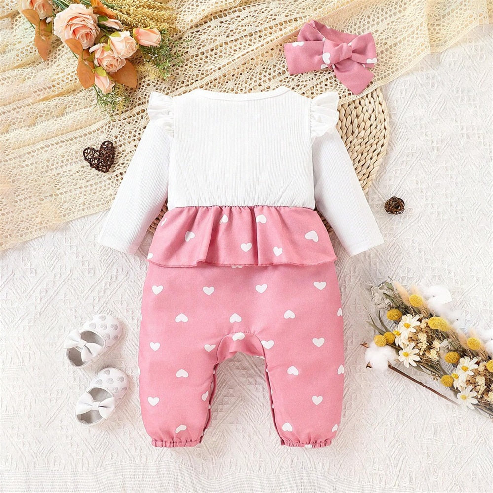 2PCS Pink Heart Print Long Sleeve Baby Jumpsuit