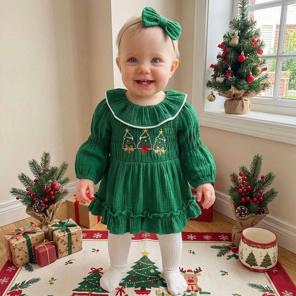 2PCS Christmas Santa Claus Tree Applique Long Sleeve Baby Romper