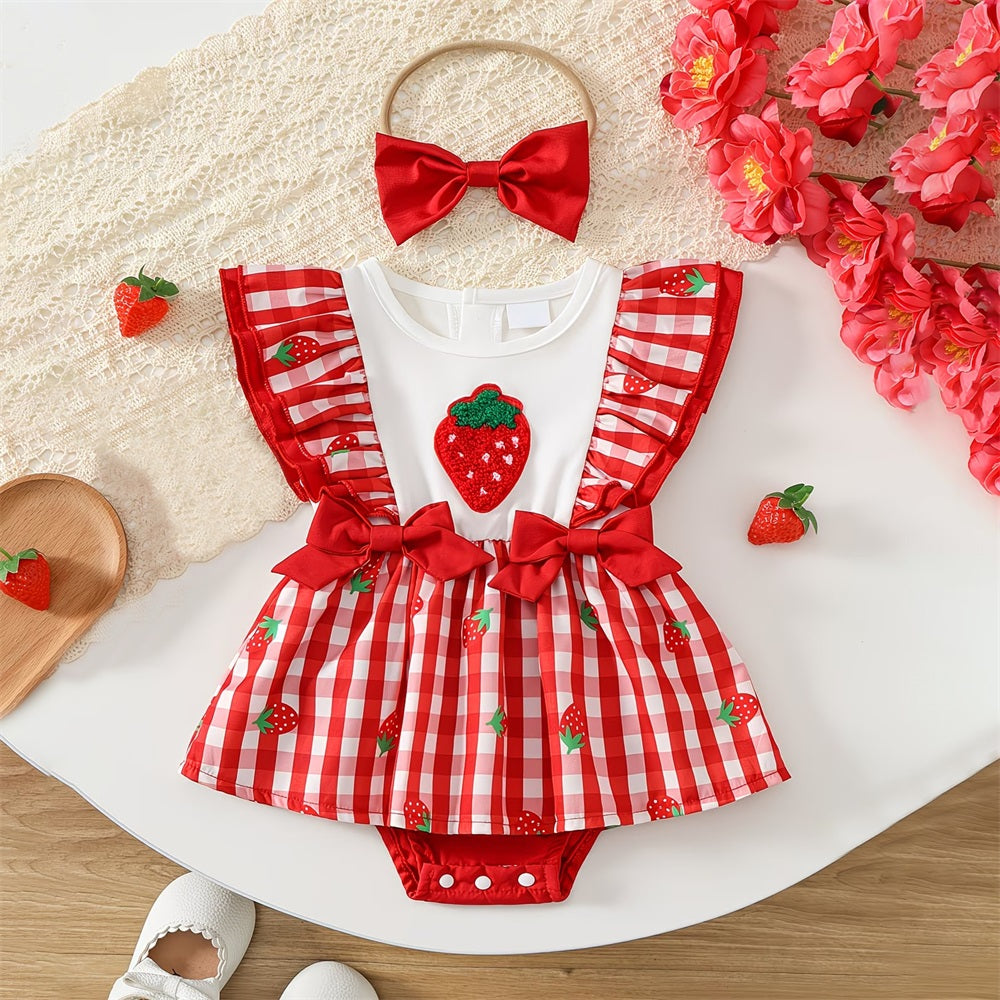 2PCS Strawberry Embroidery Plaid Ruffled Sleeveless Baby Romper
