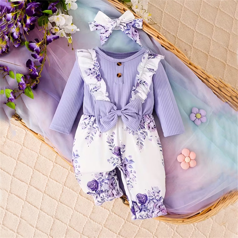 2PCS Purple Floral Print Bowknot Long Sleeve Baby Jumpsuit
