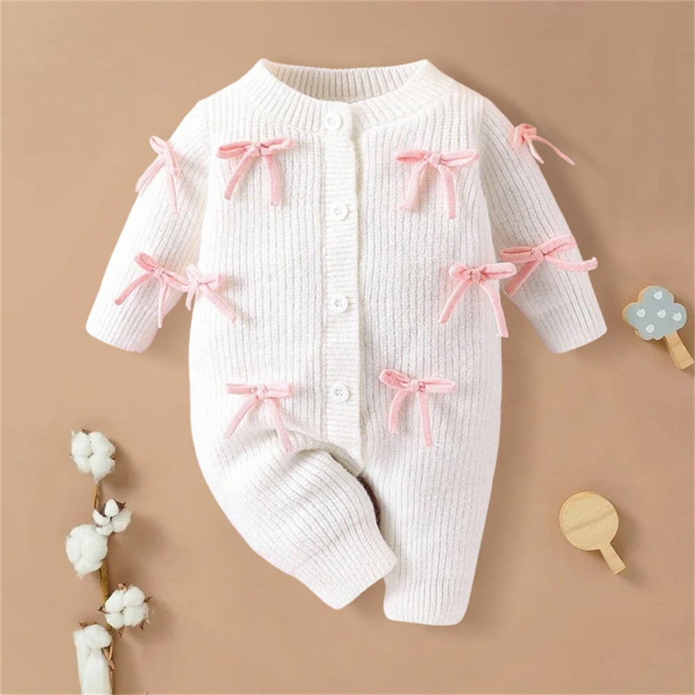 Fashion Cute Versatile Knitted 3D Bow Long Sleeve Baby Jumpsuit