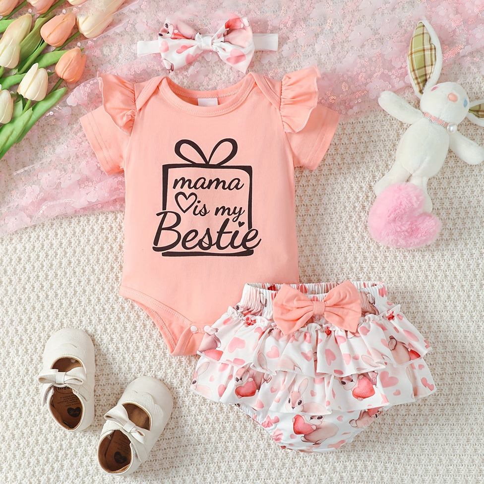 3PCS Mama's Is My Bestie Letter Rabbit Print Baby Set