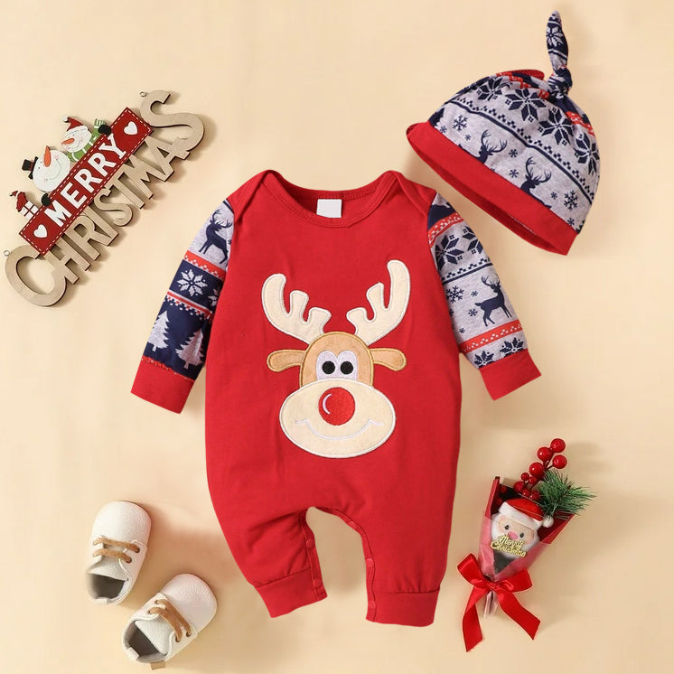 2PCS Deer Printed Long Sleeve Christmas Baby Jumpsuit
