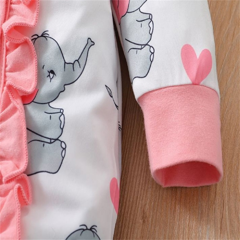2PCS Cute Elephant Print Frill Trim Long Sleeve Baby Jumpsuit
