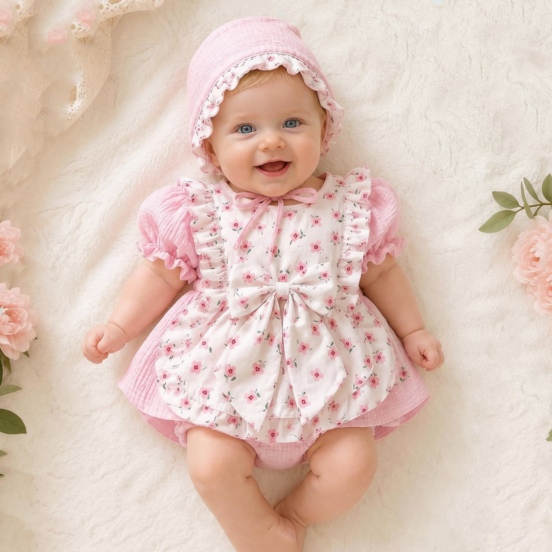 2PCS Adorable Ditsy Floral Print Puff Sleeve Baby Girl Romper