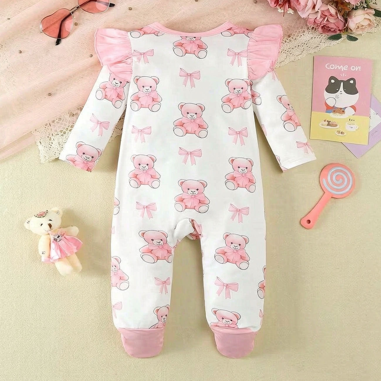 Sweet Bear Bowknot Print Ruffle Long Sleeve Baby Jumpsuit
