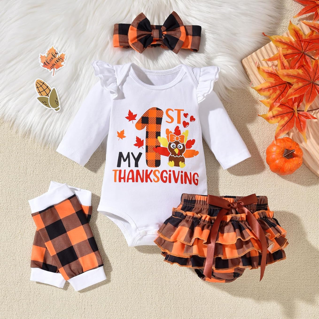 4PCS My 1st Thanksgiving Letter Plaid Printed Baby Set