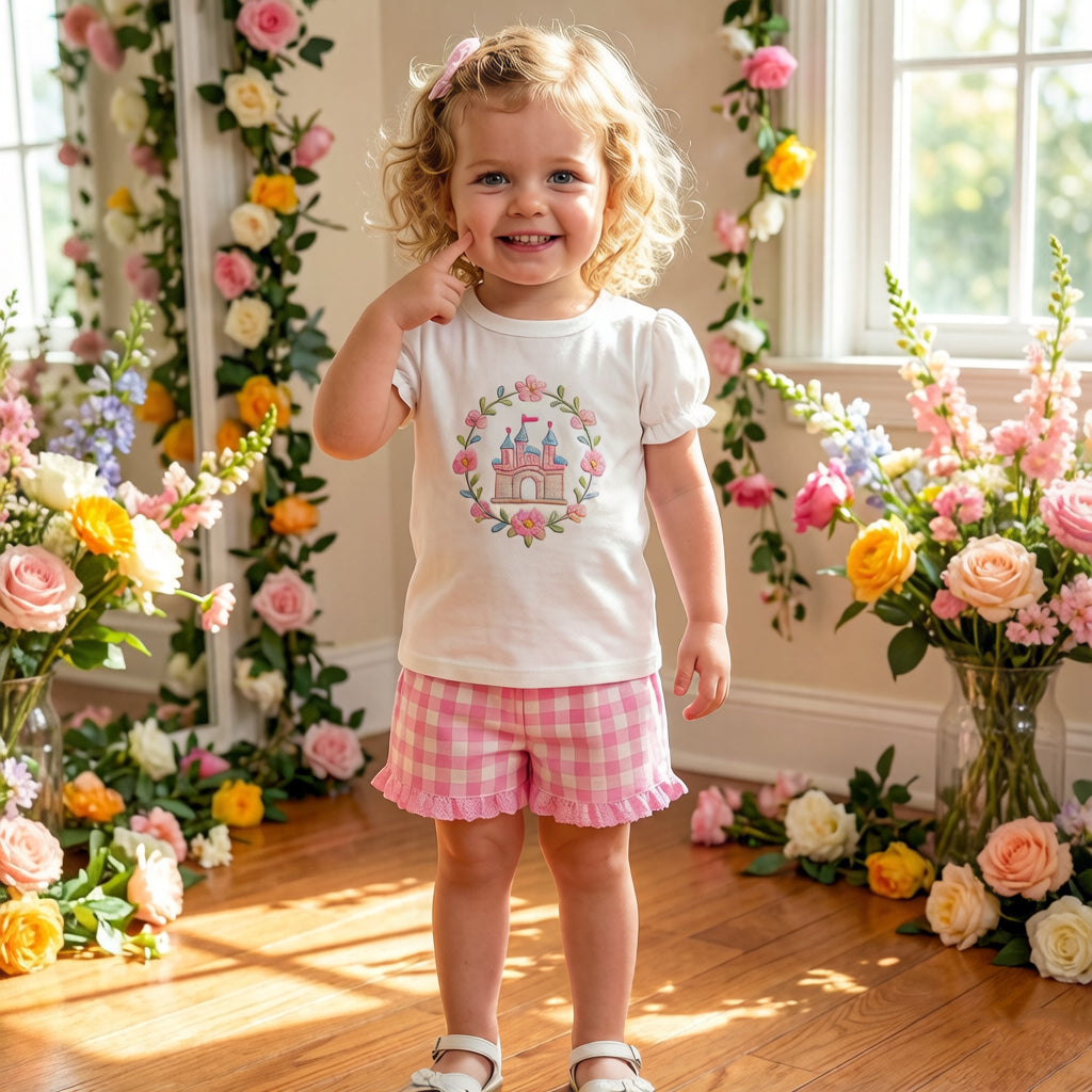 2PCS Dreamy Castle & Floral Embroidery Plaid Printed Baby Set