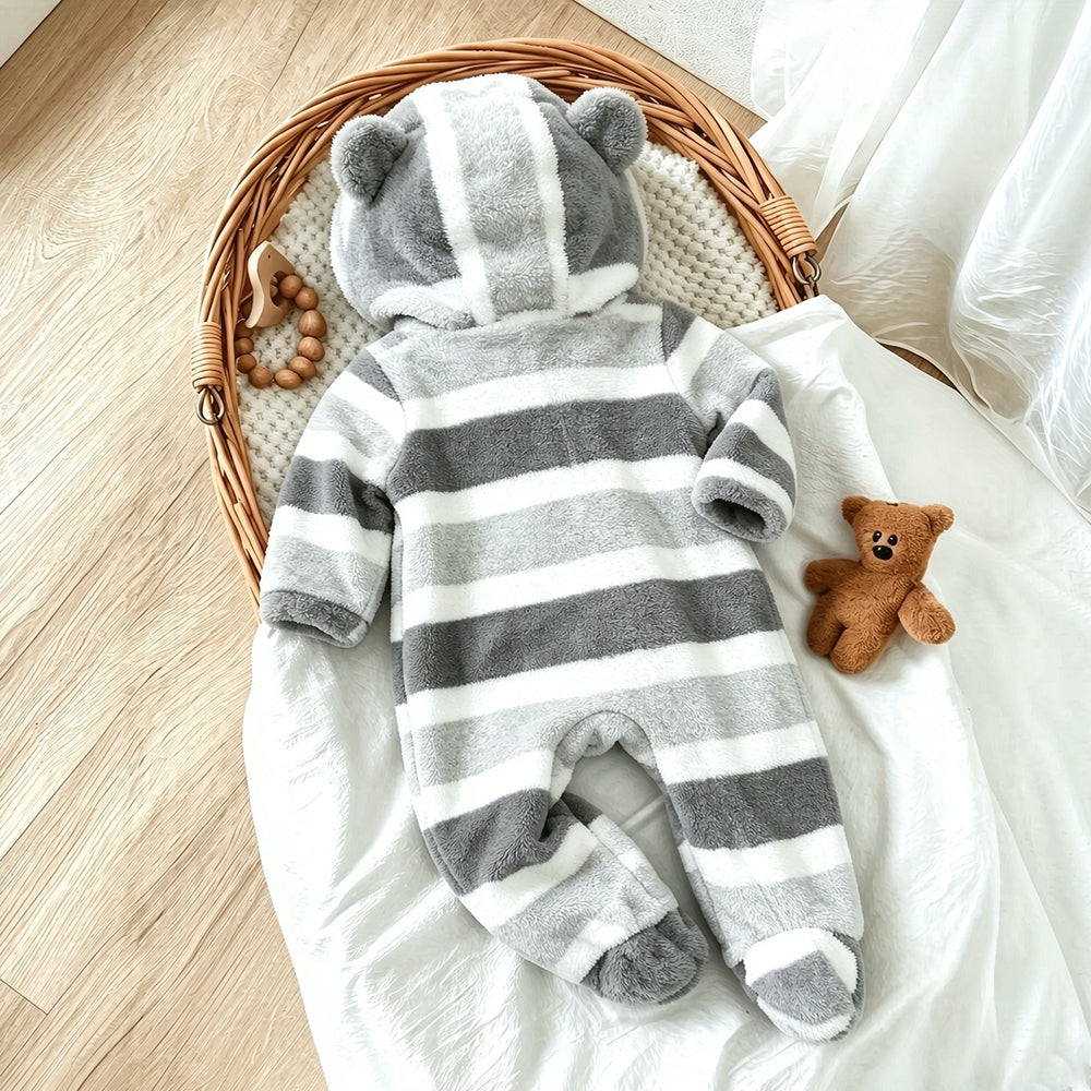 Casual Bear Applique Striped Long Sleeve Baby Zipper Hooded Fleece Jumpsuit