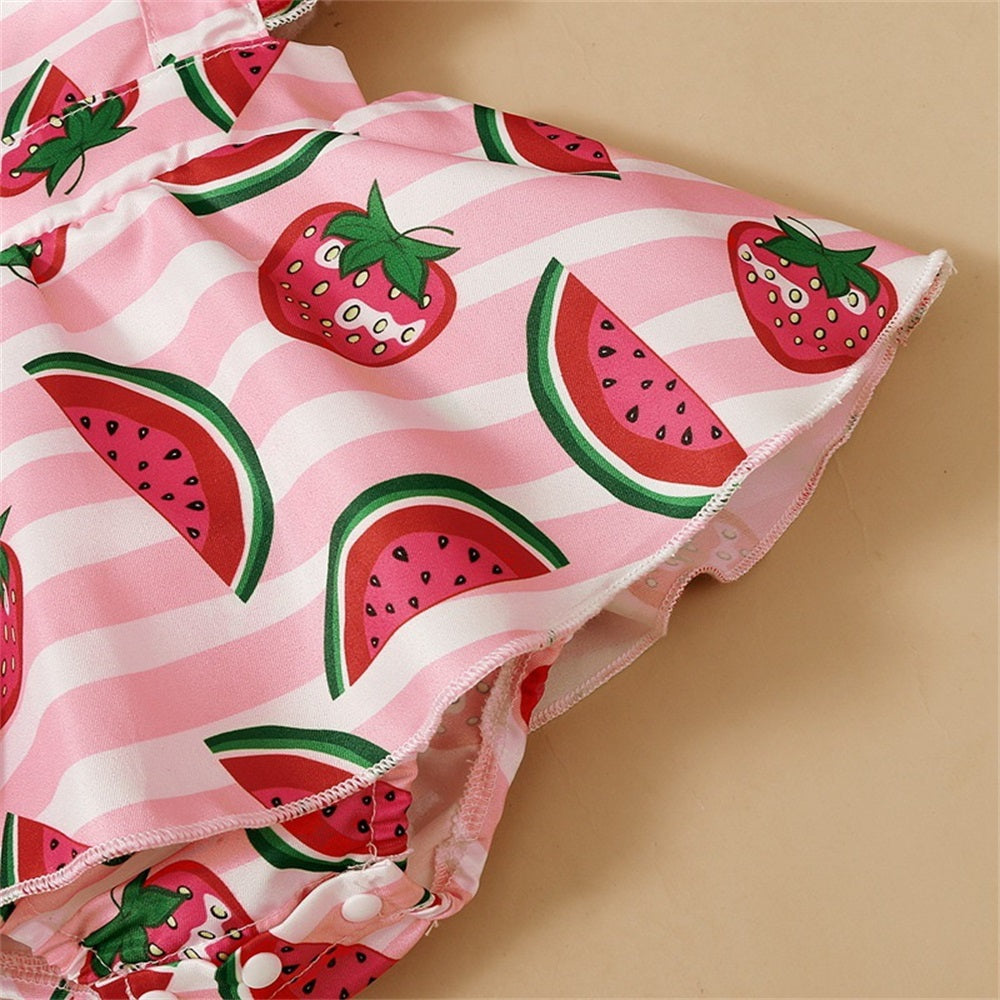2PCS Watermelon Printed Striped Fly Sleeve Baby Romper
