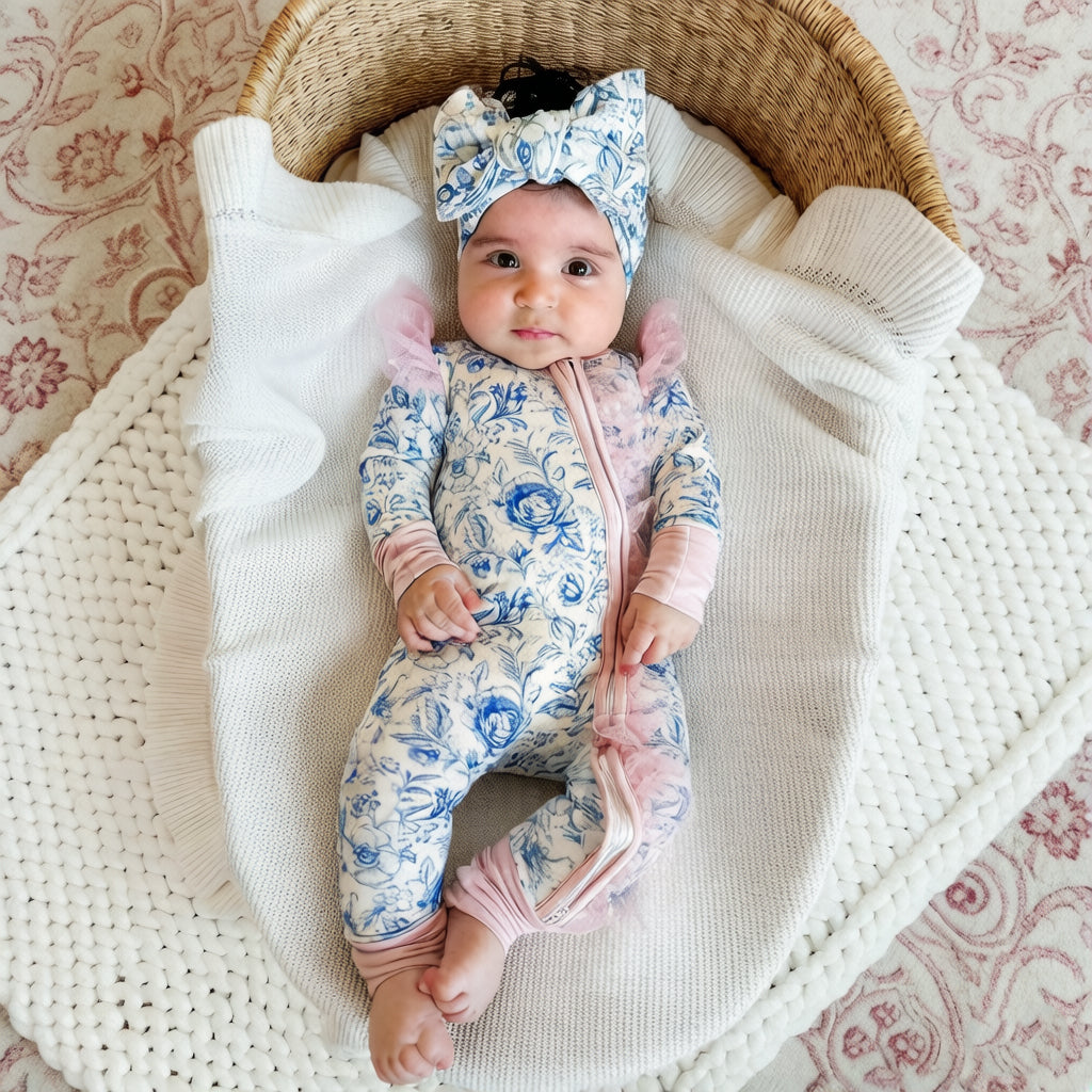 2PCS Pretty Floral Print Tulle Zipper Long Sleeve Baby Jumpsuit