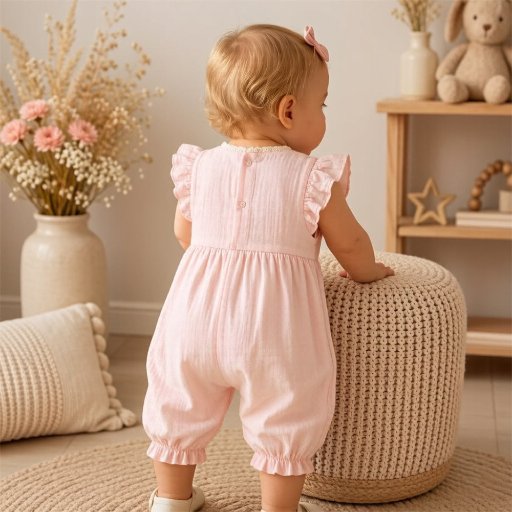 Cheerful Floral Embroidery Flutter Sleeve Baby Jumpsuit