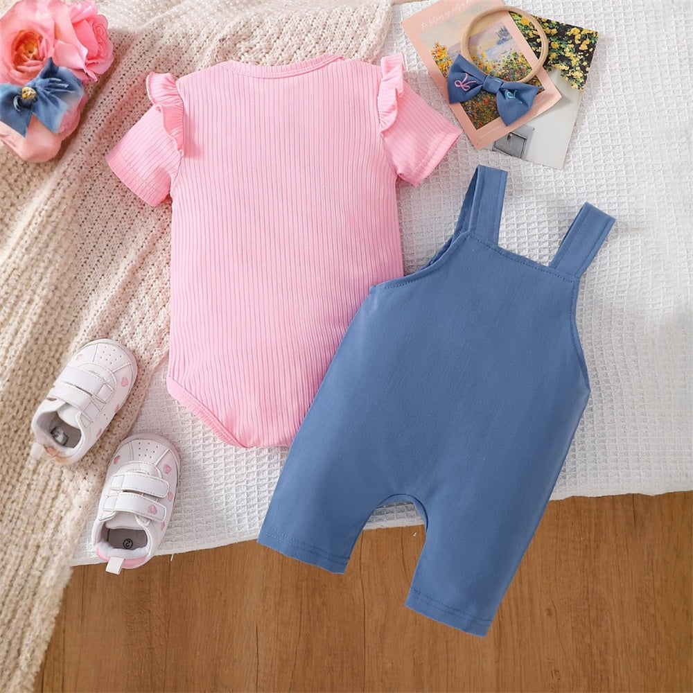 2PCS Sweet Bow Printed Short Sleeve Baby Overalls Set