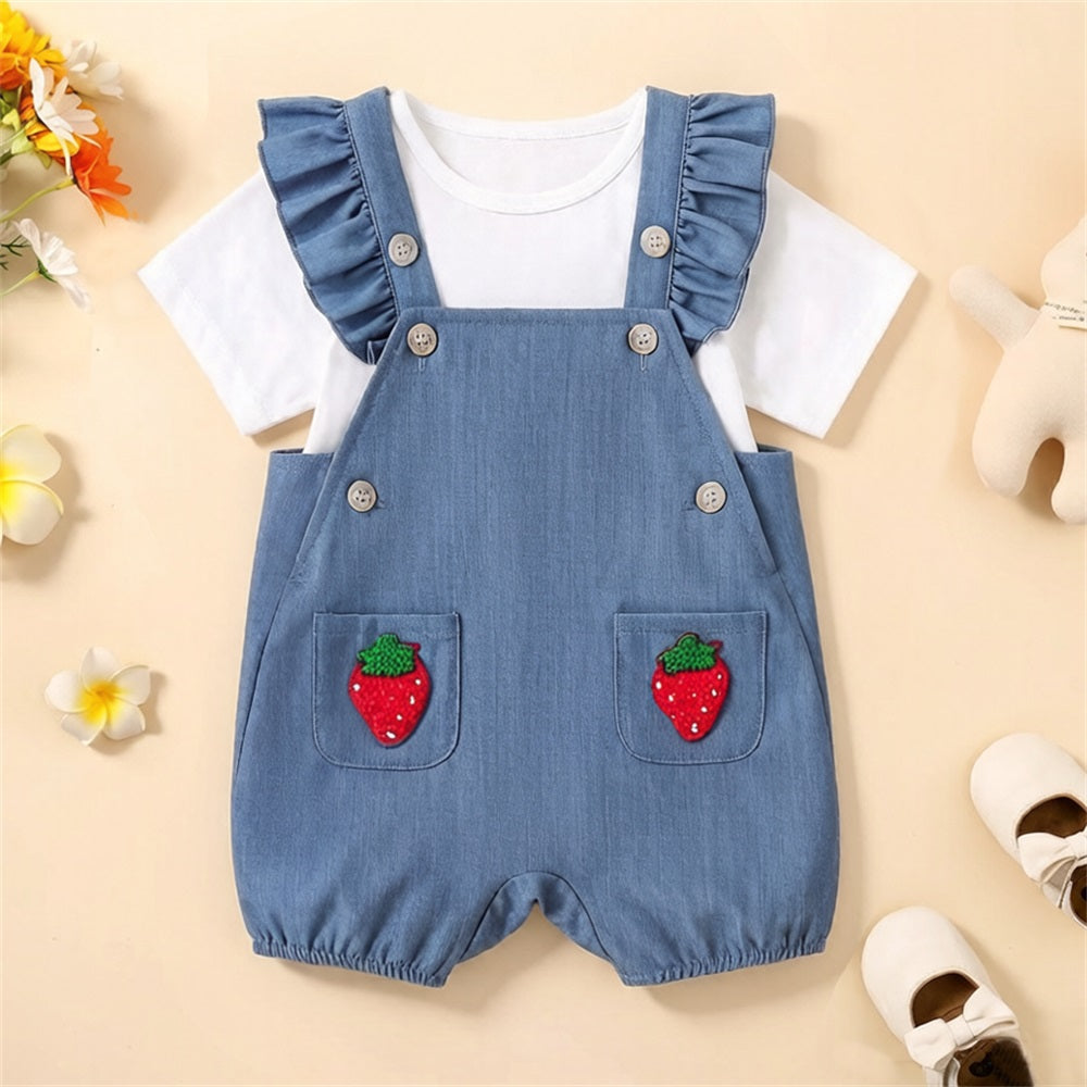 2PCS Summer Strawberry Embroidery Short Sleeve Baby Overalls Set