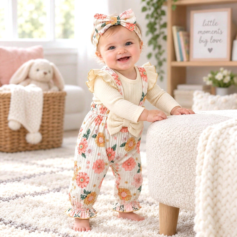 2PCS Pretty Floral Printed Faux Two Piece Long Sleeve Baby Jumpsuit