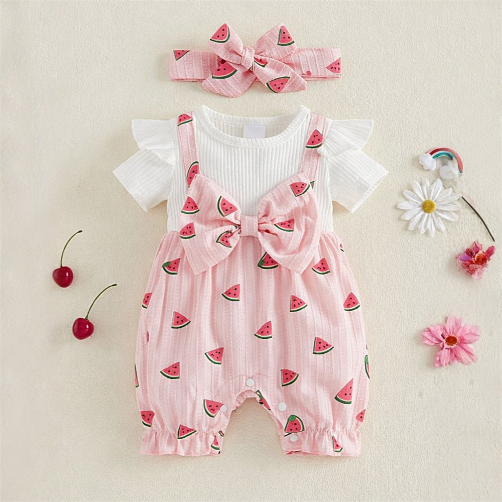 2PCS Adorable Watermelon Printed Short Sleeve Baby Jumpsuit