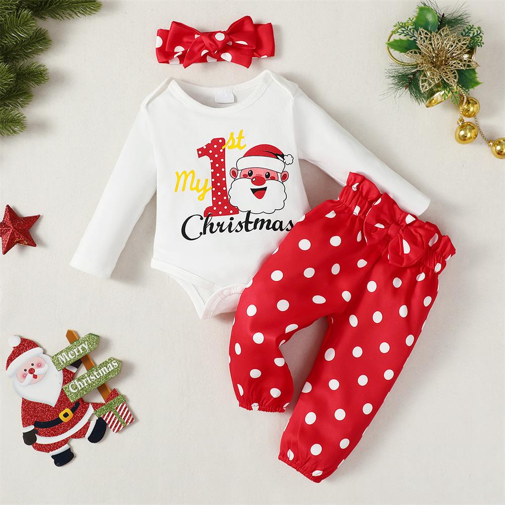 3PCS My 1st Christmas Letter Polka Dot Printed Baby Set