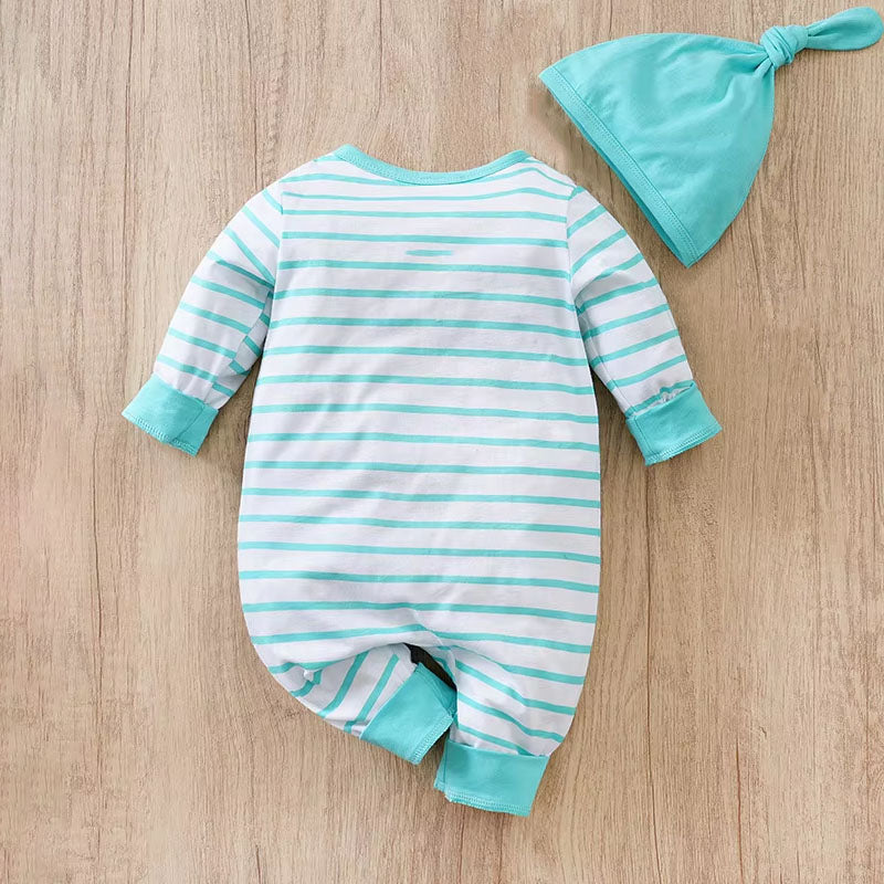 2PCS Chic Stripe Dinosaur Printed Long Sleeve Baby Jumpsuit