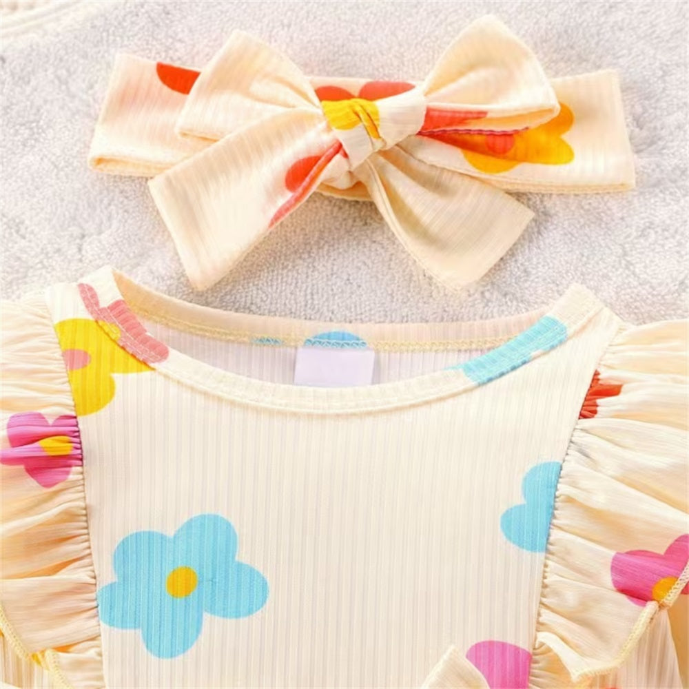 2PCS Cute Floral Print Long Sleeve Baby Jumpsuit