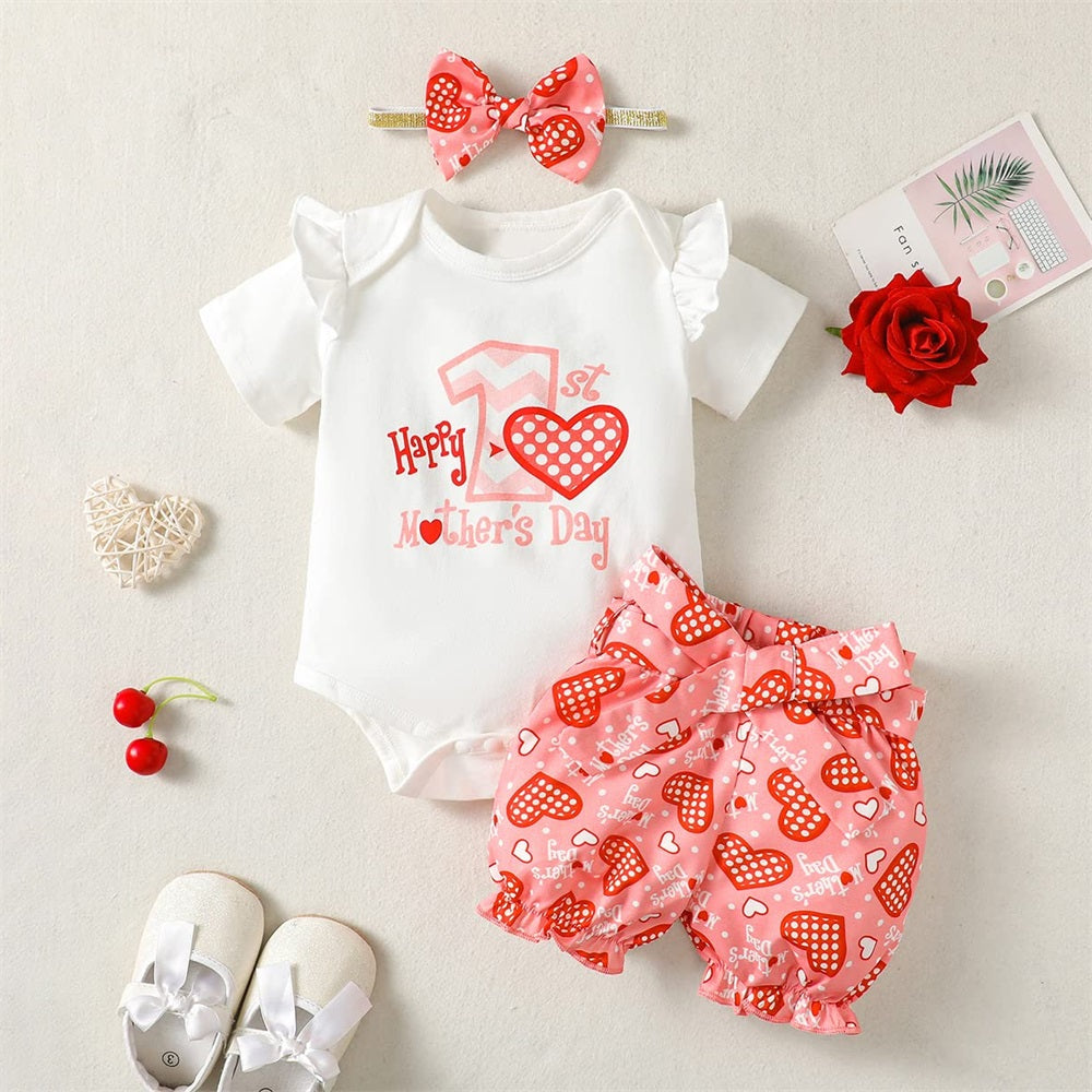 3PCS Happy 1st Mother's Day Letter Printed Short Sleeve Baby Set